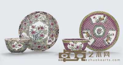 YONGZHENG (1723-35) TWO FAMILLE ROSE EGGSHELL TEABOWLS AND SAUCERS 